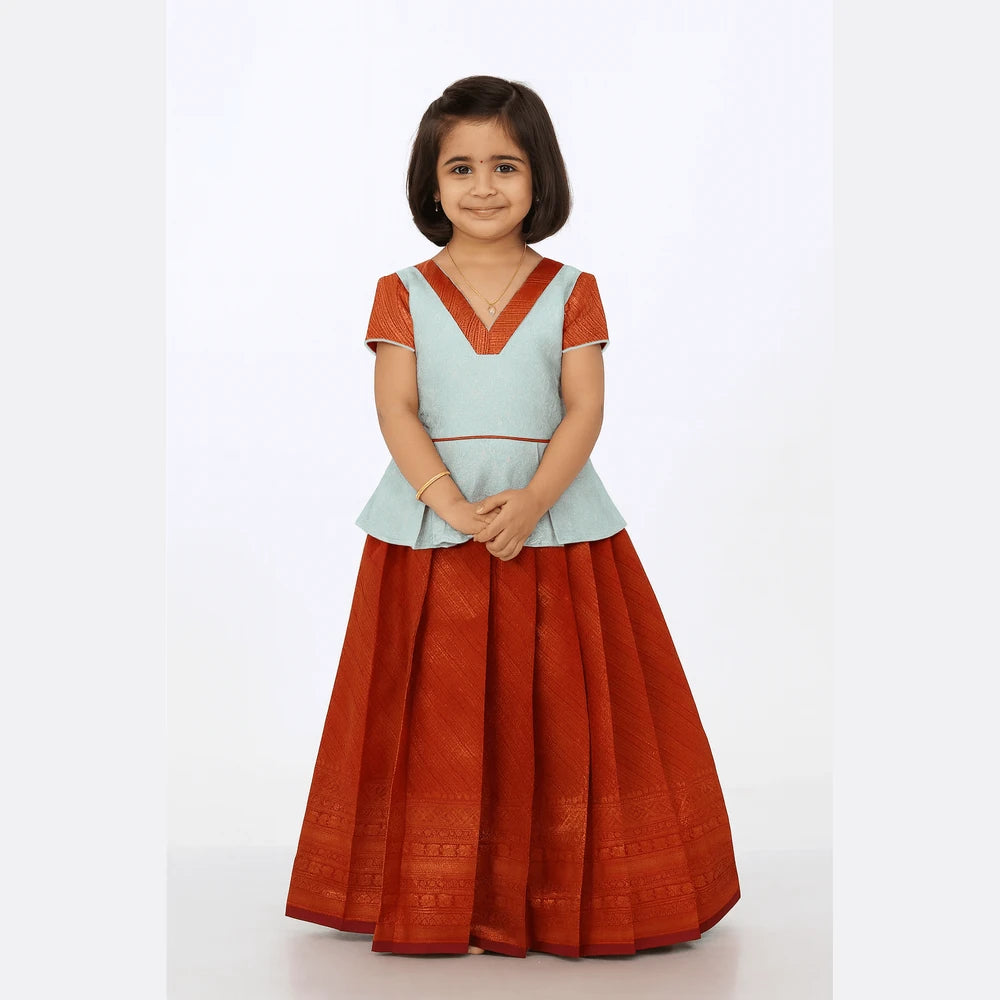 Kids Ice Blue with Copper Traditional Pattupavadai PPP1792